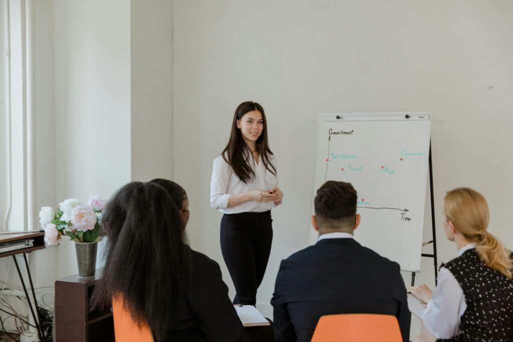 Professional woman giving a presentation in a management training session.